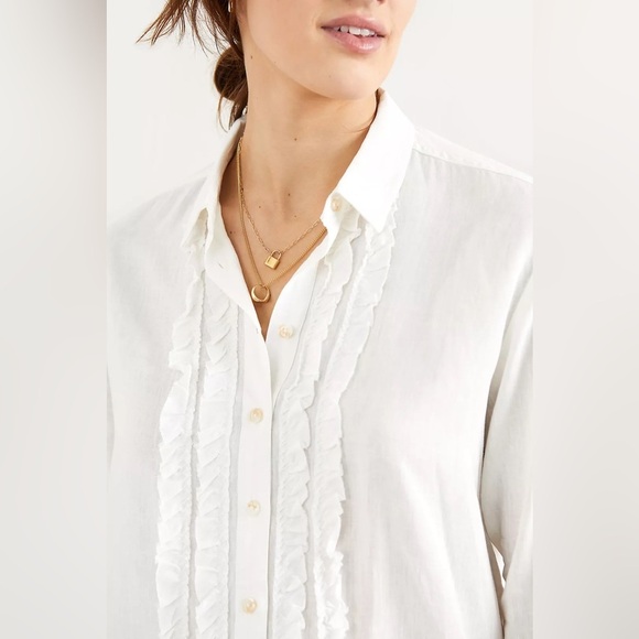 Pilcro Anthropologie White LinenBlend Ruffle Button FrontBlouse Boho Cottagecore - Picture 9 of 11